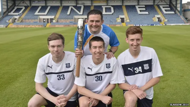 Steven Maloney with Dundee FC players Craig Wighton, Cammy Kerr, and Matty Allan