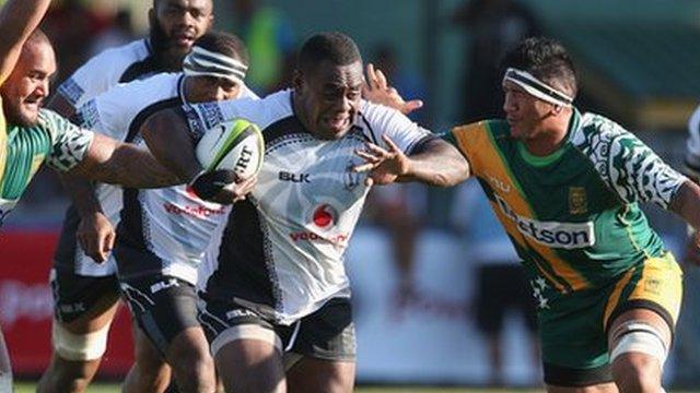 Manasa Saulo of Fiji breaks with the ball during the Rugby World Cup 2015 qualifer against Cook Islands