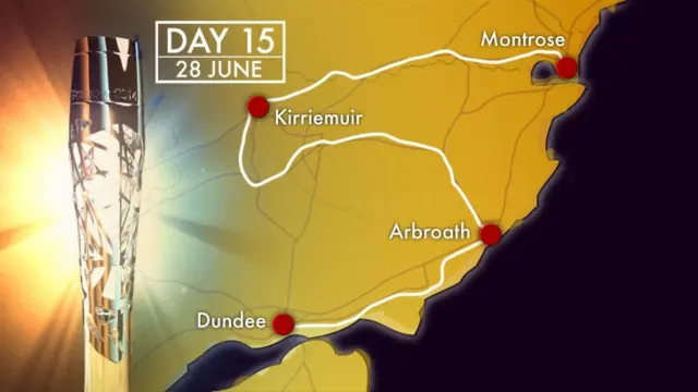 Map of the Queen's baton relay route in Angus