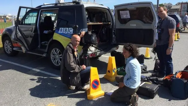 BBC team filing piece for Reporting Scotland 1330 from Lerwick