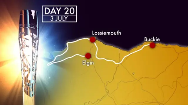 Map of baton route from Buckie to Elgin, passing through Lossiemouth