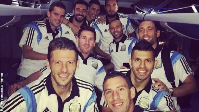 Argentina team on a plane ahead of the World Cup quarter-final with Belgium