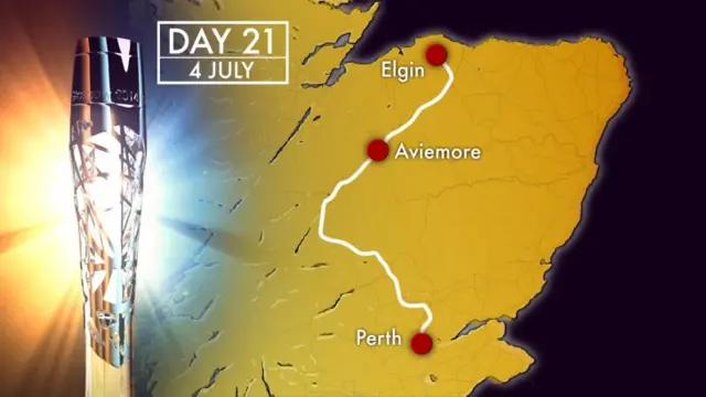 Route map for day 21 of Queens Baton Relay, highlighting Elgin to Perth, with Aviemore also marked.