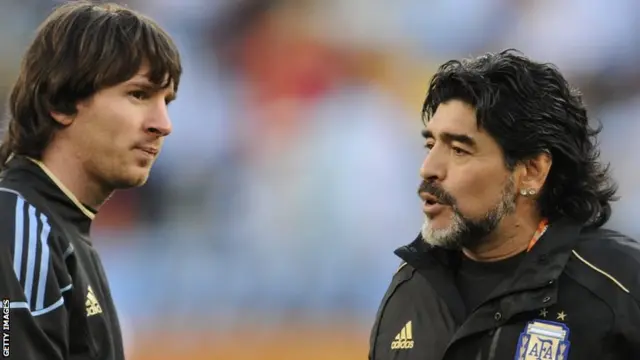 Argentina's Lionel Messi and Diego Maradona at the 2010 World Cup