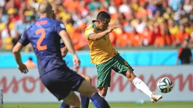 Tim Cahill scores against the Netherlands