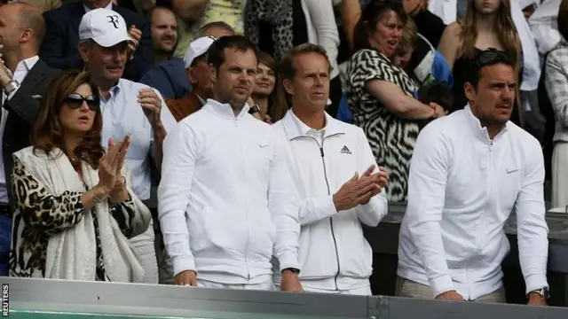 The team of Roger Federer of Switzerland, including his wife Mirka Federer and coach Stefan Edberg