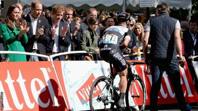 The Duke and Duchess of Cambridge watch Mark Cavendish cross the finish line on stage one in Harrogate