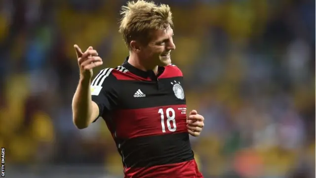 Germany"s midfielder Toni Kroos celebrates after scoring