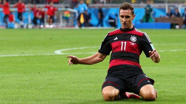 Germany's Miroslav Klose celebrates his record 16th World Cup goal