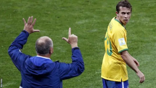 Brazil"s coach Luiz Felipe Scolari gestures to