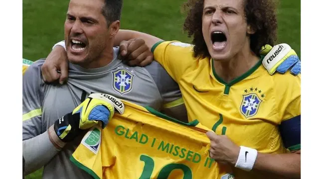 Meme of Brazil players holding up a shirt with 'Glad I missed it' on the back