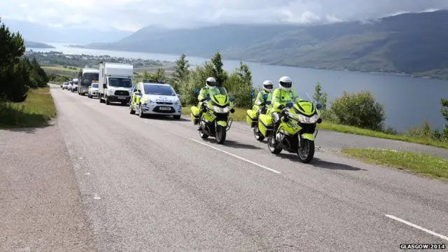 Baton relay convoy as it travelled north from Ullapool to Lairg.