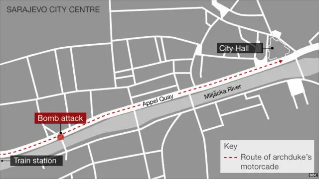 Map showing the site of the assassination attempt on Archduke Franz Ferdinand