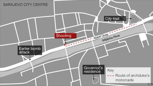 Map showing site of second assassination attempt on Archduke Ferdinand