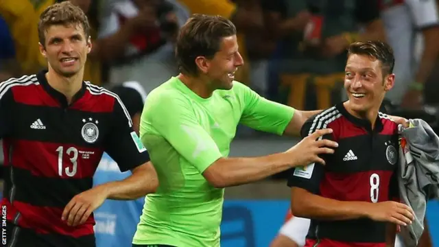 Thomas Muller, Roman Weidenfeller and Mesut Ozil of Germany