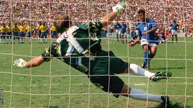 Roberto Baggio of Italy misses a penalty against Brazil