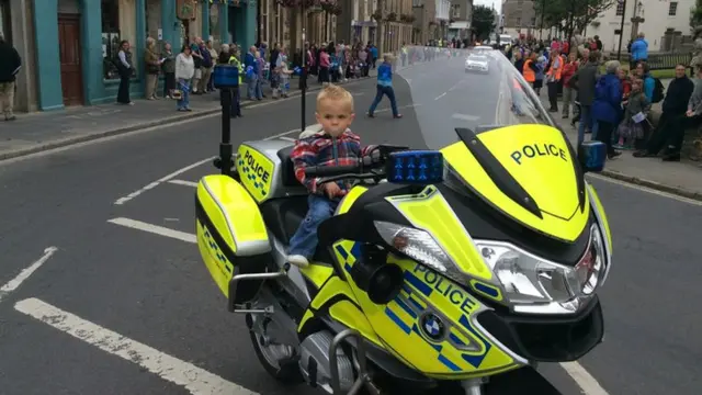 Brendan Budge tries out a police motorbike in Kirkwall