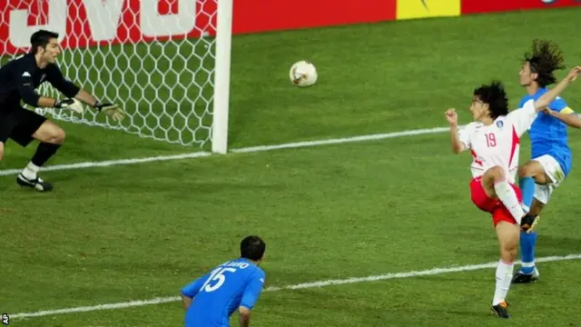 South Korea's Ahn Jung Hwan, second from right, scores the winning goal against Italy