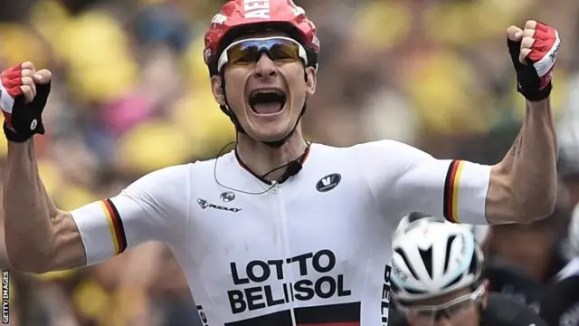 Andre Greipel celebrates victory on stage six of the 2014 Tour de France