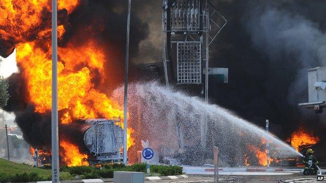 A petrol station hit by a rocket fired from Gaza in Ashdod