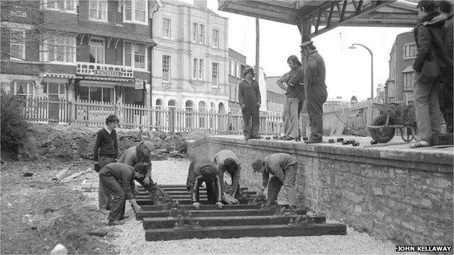 Track laying at Swanage Railway in 1977