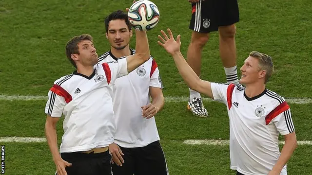 Germany's Thomas Muller, Mats Hummels and Bastian Schweinsteiger