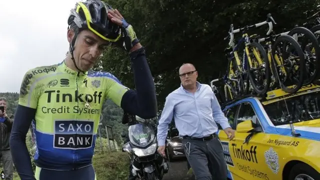 Spain's Alberto Contador holds his head