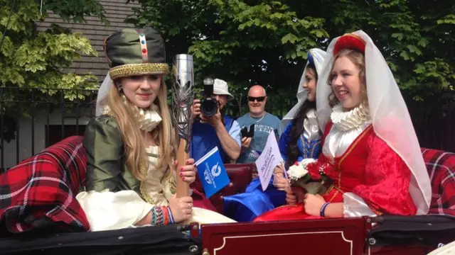 Jordan was this year's Marymass Queen (in Green), and sits with Kirsty Blackley (in Damson) Jaye Tremble (Blue), Leigh Wallace (Red).