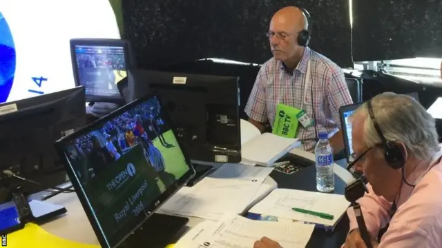 Peter Alliss and Mark James commentating for BBC TV.