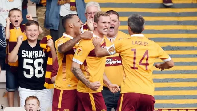 Josh Law celebrates one of his two goals in the first half at Fir Park