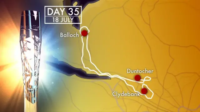 Route map for day 35 of the Queens Baton Relay from Duntocher to Clydebank. Balloch is also highlighted.