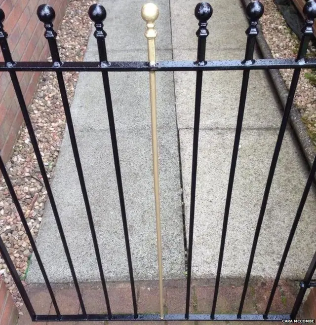 Black iron gate, with middle bar painted gold.