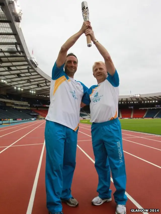 Gordon Strachan and Benjamin Vaughan with Queen's Baton