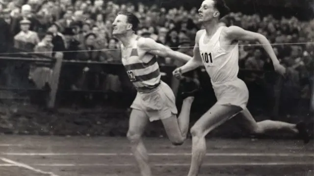 Bobby Quinn (left), pictured in a race on Scotstoun in 1954