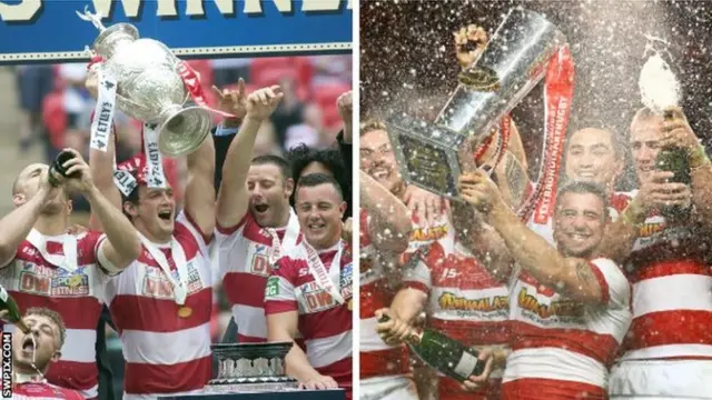 Wigan with the Challenge Cup and Super League trophies