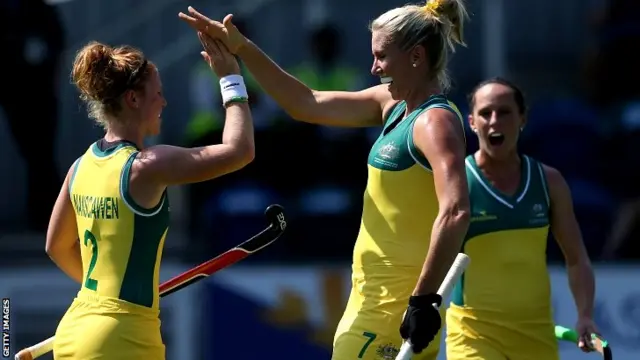 Australia's Jodie Kenny, right, celebrates with Georgia Nanscawen