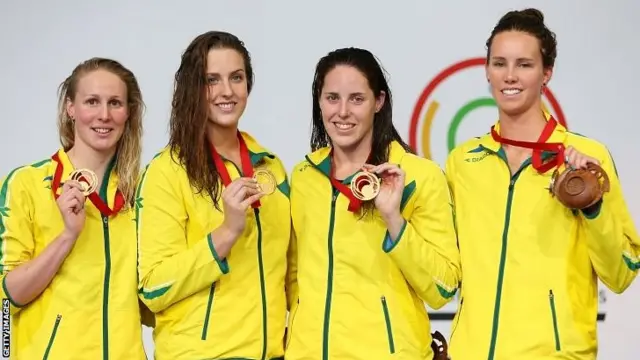 Gold medallists Bronte Baratt, Brittany Elmslie, Alicia Coutts and Emma McKeon of Australia