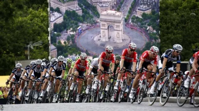 The pack rides on the Champs Elysee avenue