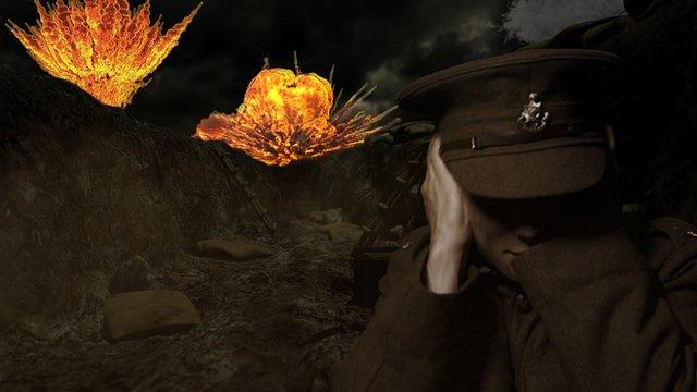 Soldier in trench and explosions