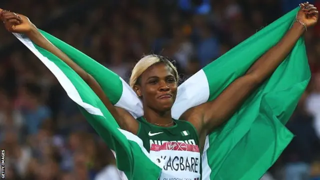 Blessing Okagbare celebrates her 100m win