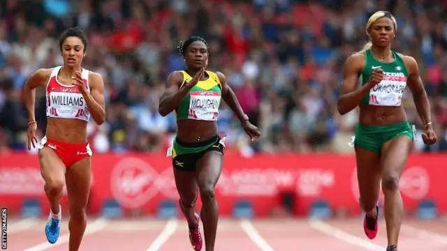 Jodie Williams of England, Anneisha McLaughlin of Jamaica and Blessing Okagbare of Nigeria