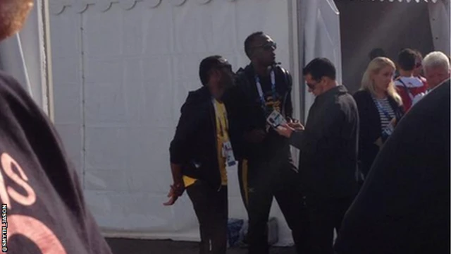 Usain Bolt at the Hampden Park warm-up area