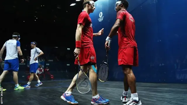 Nick Matthew and Adrian Grant of England against Scotland's Alan Clyne and Harry Leitch