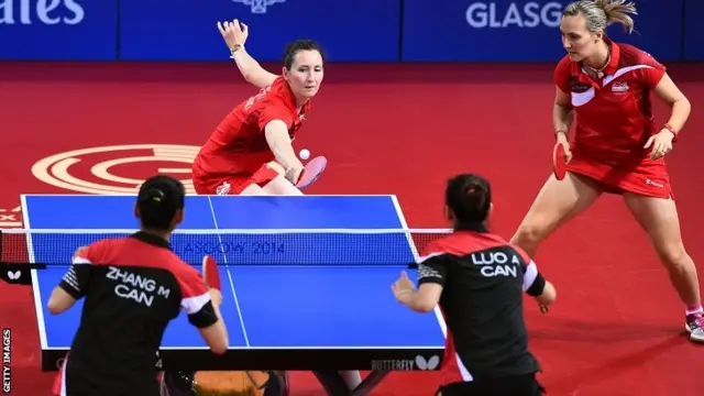 Joanna Drinkhall (top left) and Kelly Sibley of England compete against Anqi Luo and Mo Zhang of Canada