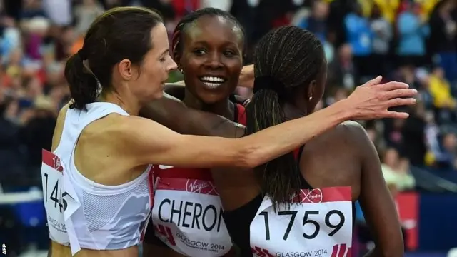 Jo Pavey (left) celebrates