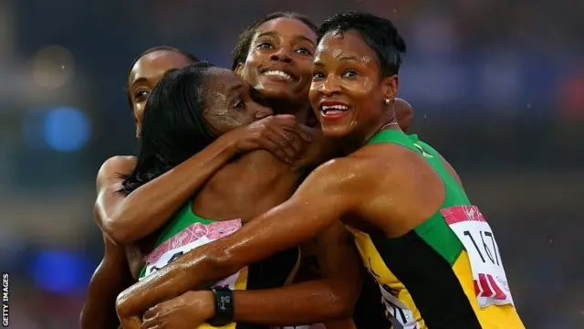 Christine Day, Novlene Williams-Mills of Jamaica, Anastasia le-Roy and Stephanie McPherson of Jamaica