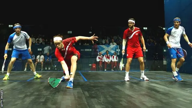 Daryl Selby and James Willstrop of England and Alan Clyne and Harry Leitch of Scotland