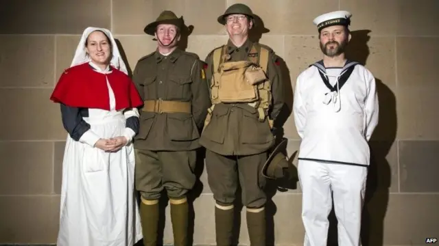 Members of the Australia Great War Association pose in costume at the Australian War Memorial in Canberra