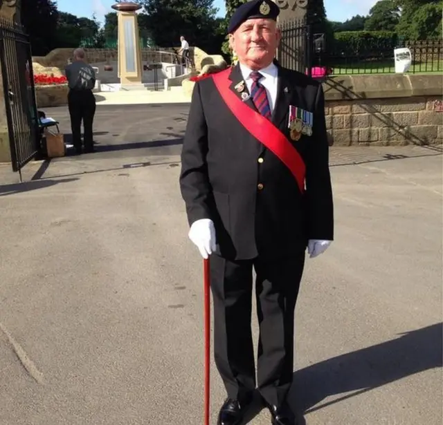 A new war memorial has been unveiled in Bramley Park, Leeds - the only one in the UK to be unveiled today. Denis Matthews from Leeds (pictured) was the Parade Marshall at the event