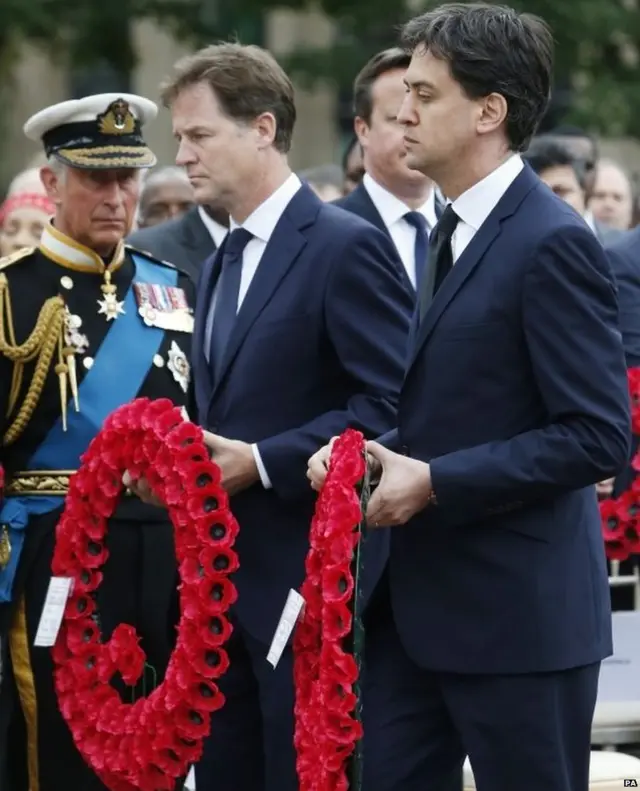 Prince Charles, Nick Clegg, Ed Miliband laying wreaths in Glasgow